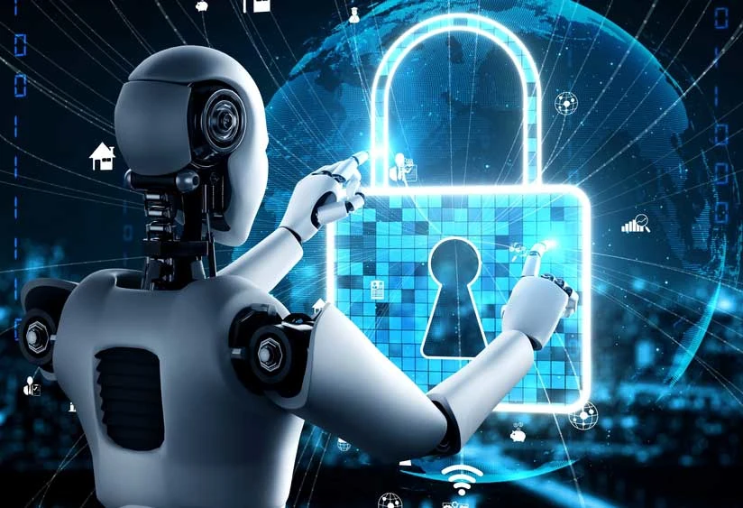 Representación de una inteligencia artificial con un candado que simboliza ciberseguridad y protección frente a ataques como la prompt injection.