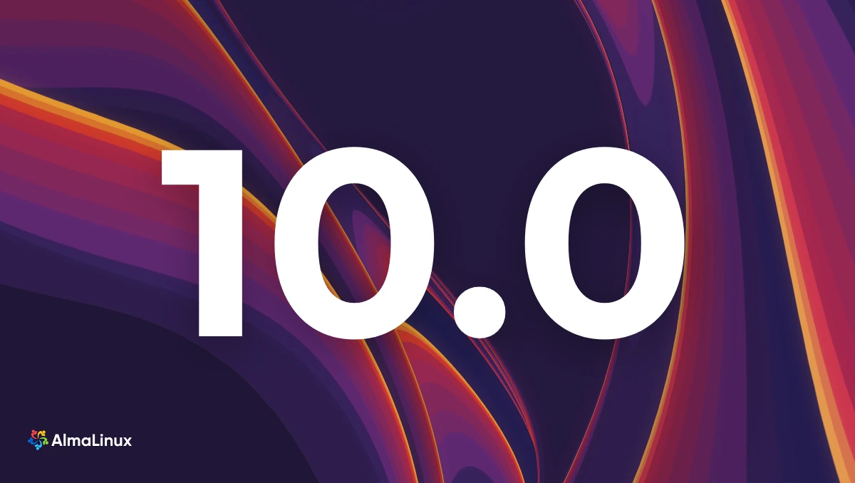Logotipo oficial de AlmaLinux 10.0 "Purple Lion", con el número 10 destacado en blanco sobre un fondo morado con ondas de color naranja y rojo.